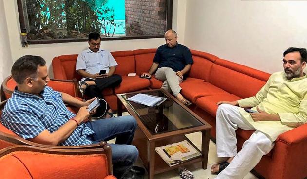 New Delhi: Aam Aadmi Party leaders sitting in protest at Lieutenant Governor Anil Baijal’s residence (PTI) New Delhi: Aam Aadmi Party leaders sitting in protest at Lieutenant Governor Anil Baijal’s residence (PTI)