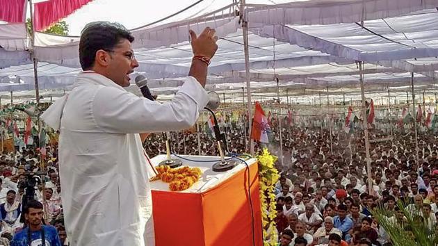 Rajasthan Congress chief Sachin Pilot addresses the 'Mera Booth, Mera Gaurav' event in Jhalawar.(PTI)