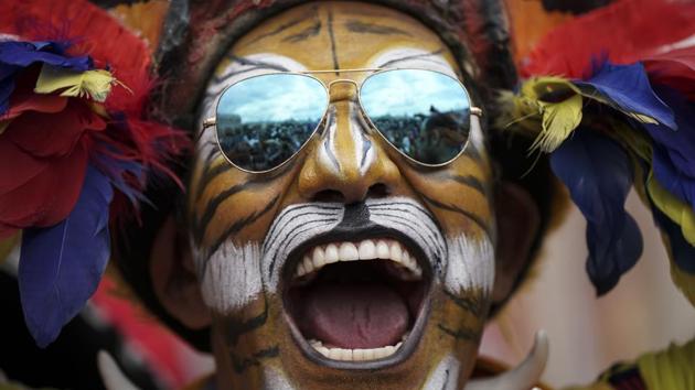 Colombian fan Jose Florentino poses for photos ahead of the FIFA World Cup 2018 in Moscow. (AP) Colombian fan Jose Florentino poses for photos ahead of the FIFA World Cup 2018 in Moscow. (AP)