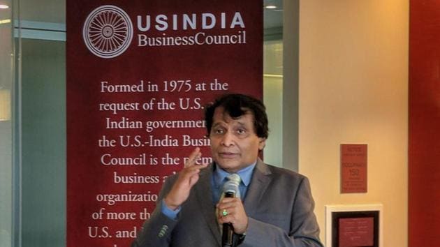 Commerce and industry minister Suresh Prabhu speaks at a reception hosted by US-India Business Council, in Washington DC on Tuesday, June 12, 2018. (PTI Photo) Commerce and industry minister Suresh Prabhu speaks at a reception hosted by US-India Business Council, in Washington DC on Tuesday, June 12, 2018. (PTI Photo)