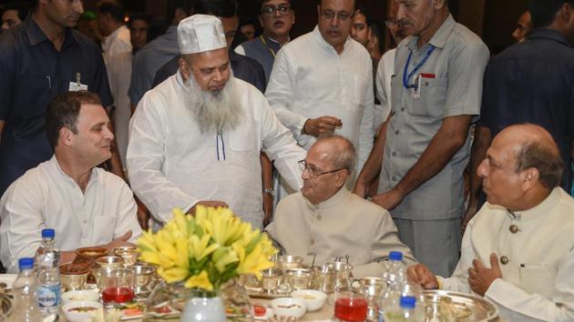 New Delhi: Former president Pranab Mukherjee during the Iftar party hosted by Congress President Rahul Gandhi, in New Delhi on Wednesday, June 13, 2018(PTI) New Delhi: Former president Pranab Mukherjee during the Iftar party hosted by Congress President Rahul Gandhi, in New Delhi on Wednesday, June 13, 2018(PTI)