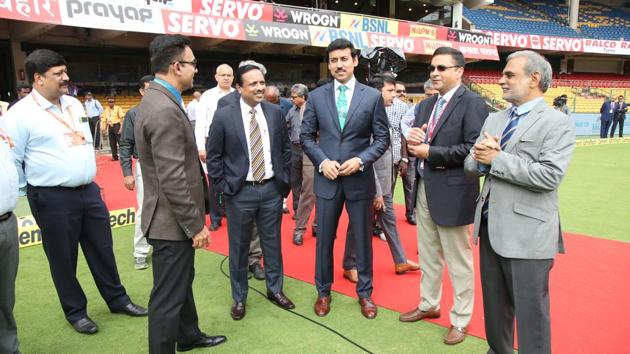 Rajyavardhan Singh Rathore interacts with BCCI CEO Rahul Johri. (BCCI) 