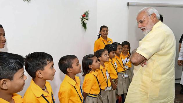 Prime Minister Narendra Modi interacts with the schoolchildren at the inauguration of an Integrated Command and Control Centre, in Naya Raipur, Chhattisgarh on June 14, 2018. (PTI) Prime Minister Narendra Modi interacts with the schoolchildren at the inauguration of an Integrated Command and Control Centre, in Naya Raipur, Chhattisgarh on June 14, 2018. (PTI)