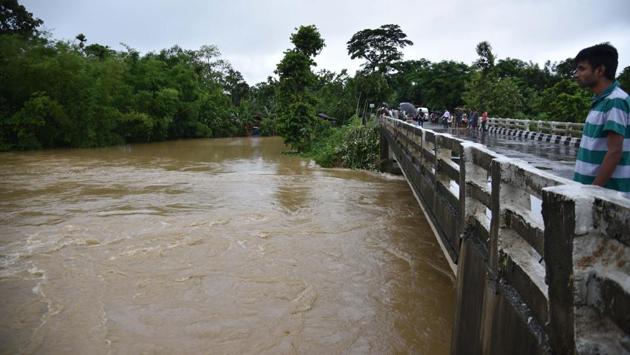 Torrential rain in the past 48 hours has wreaked havoc in the northeastern states, claiming four lives in Tripura and Manipur, disrupting rail services in Assam and rendering thousands homeless across the region. (HT Photo) Torrential rain in the past 48 hours has wreaked havoc in the northeastern states, claiming four lives in Tripura and Manipur, disrupting rail services in Assam and rendering thousands homeless across the region. (HT Photo)