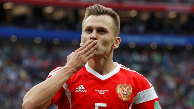 Denis Cheryshev celebrates scoring Russia’s fourth goal against Saudi Arabia.(REUTERS)