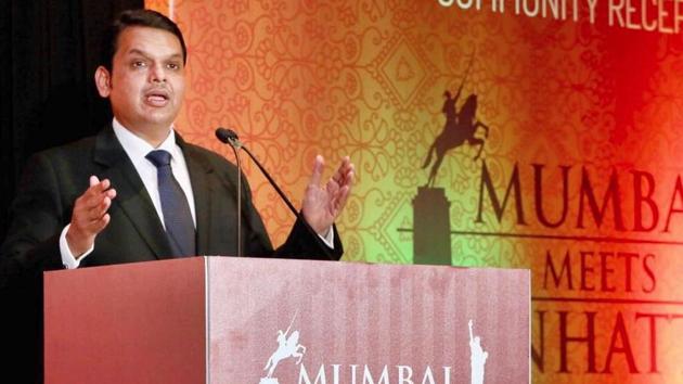 CM Devendra Fadnavis speaks during a community reception, called ‘Mumbai Meets Manhattan’, in New York on Wednesday.(CM’s Twitter account)