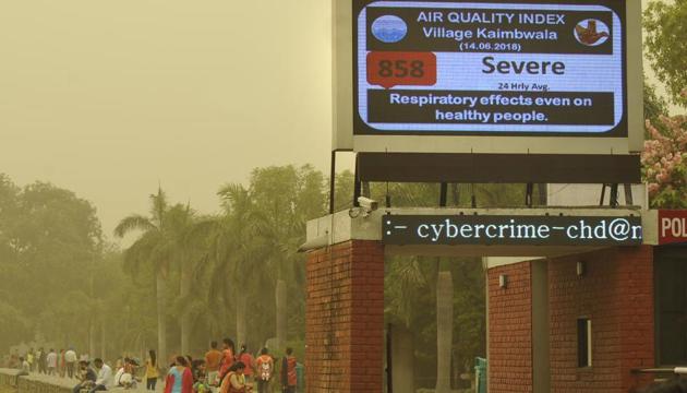 A display board showing the Air Quality Index at Chandigarh’s Sukhna Lake, on Friday. (Karun Sharma/HT)