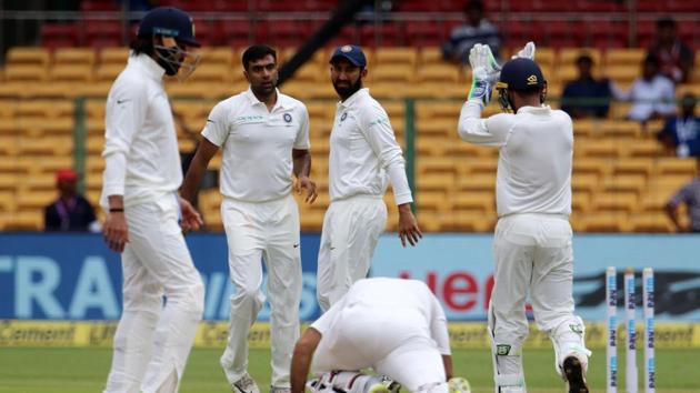 R Ashwin took four wickets as Afghanistan were bowled out for 109 in their first innings. The hosts decided to enforce the follow-on. (BCCI ) R Ashwin took four wickets as Afghanistan were bowled out for 109 in their first innings. The hosts decided to enforce the follow-on. (BCCI )