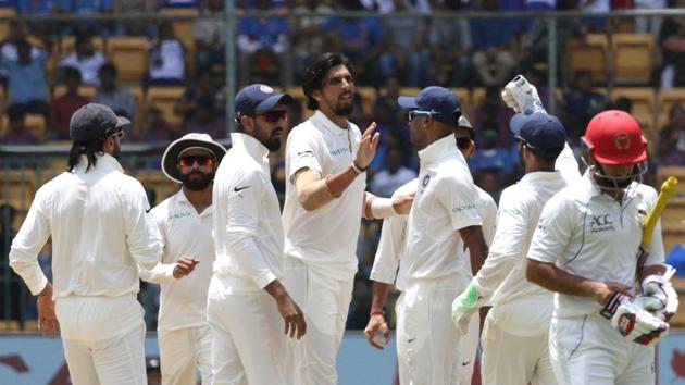 Javed Ahmadi is bowled by Ishant Sharma during day two of the Test match between India and Afghanistan at the M. Chinnaswamy Stadium in Bangalore. Get full cricket score of India vs Afghanistan, one-off Test, Bangalore here(BCCI)