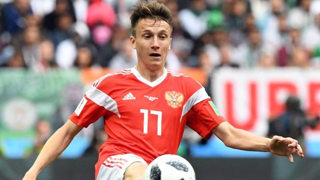 Aleksandr Golovin controls the ball during the FIFA World Cup 2018 encounter between Russia and Saudi Arabia.(AFP)