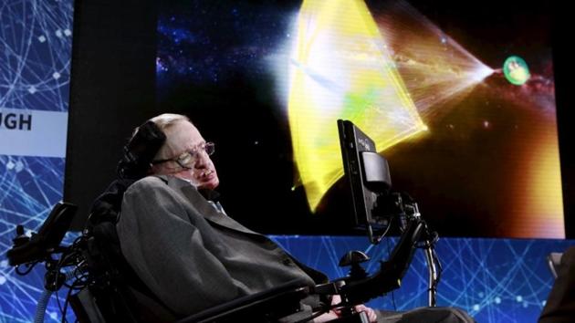 Physicist Stephen Hawking sits on stage during an announcement of the Breakthrough Starshot initiative with investor Yuri Milner in New York on April 12, 2016.(Reuters)