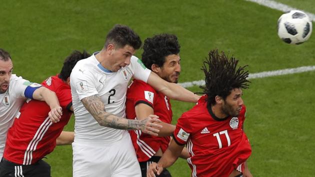 Get highlights of the FIFA World Cup 2018 Group A match between Egypt and Uruguay here. Jose Gimenez’s late header gives Uruguay all three points.(AP)