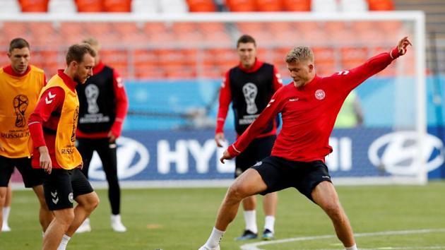 Denmark team trains before their match against Peru in the FIFA World Cup 2018.(REUTERS)