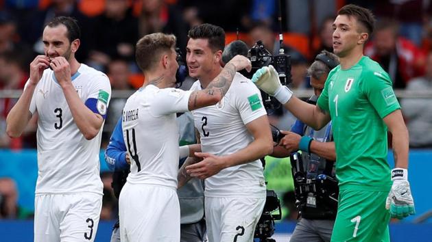 Jose Gimenez (2R) celebrates with his Uruguay teammates after scoring against Egypt in their FIFA World Cup 2018 clash on Friday.(REUTERS)