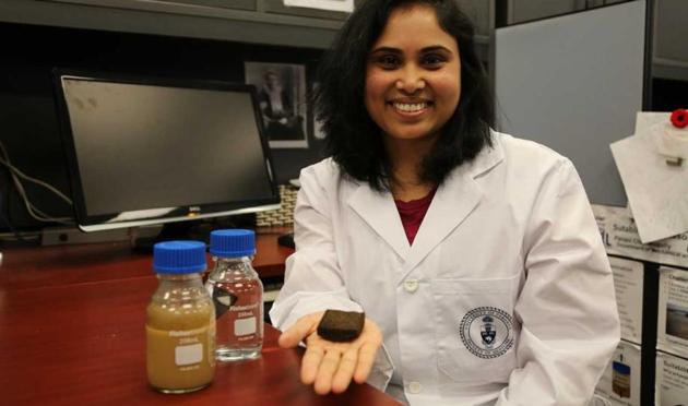 Pavani Cherukupally, a researcher at the University of Toronto, holds up a piece of sponge that is at the core of a system she has developed to remove pollutants from water. (Kevin Soobrian) Pavani Cherukupally, a researcher at the University of Toronto, holds up a piece of sponge that is at the core of a system she has developed to remove pollutants from water. (Kevin Soobrian)
