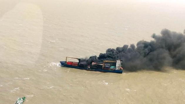 Though the fire was still raging, the ship was anchored 18 nautical miles from the Bengal coastline.(Indian Navy)