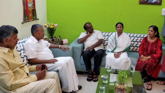 West Bengal CM Mamata Banerjee and her counterparts HD Kumaraswamy from Karnataka, Pinarayi Vijayan from Kerala and N Chandrababu Naidu from Andhra Pradesh during a meeting with Delhi CM Arvind Kejriwal’s wife Sunita at her residence in New Delhi on Saturday. (PTI) West Bengal CM Mamata Banerjee and her counterparts HD Kumaraswamy from Karnataka, Pinarayi Vijayan from Kerala and N Chandrababu Naidu from Andhra Pradesh during a meeting with Delhi CM Arvind Kejriwal’s wife Sunita at her residence in New Delhi on Saturday. (PTI)