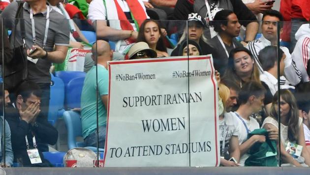 The banner was a protest by a bunch of fans against the ban on women attending football matches in Iran.(AFP)