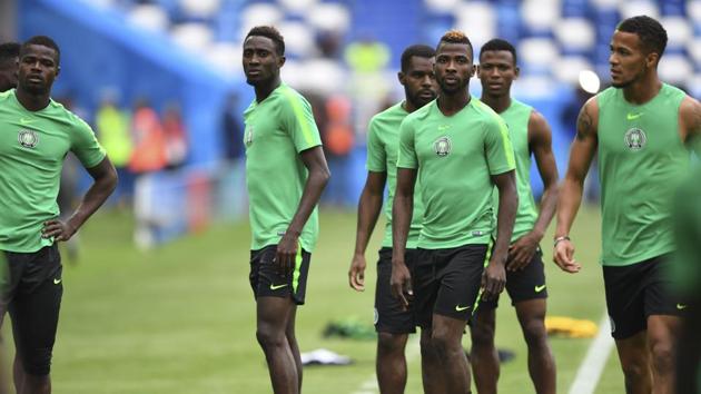 Nigeria's players take part in a training session at the Kaliningrad Stadium on June 15, 2018 during the Russia 2018 World Cup football tournament.(AFP)