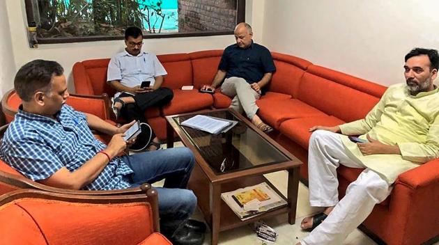 Delhi chief minister Arvind Kejriwal, deputy CM Manish Sisodia, and minister Satyendra Kumar Jain and Gopal Rai during a sit-in at Lieutenant Governor Anil Baijal’s office in New Delhi. (PTI/File) Delhi chief minister Arvind Kejriwal, deputy CM Manish Sisodia, and minister Satyendra Kumar Jain and Gopal Rai during a sit-in at Lieutenant Governor Anil Baijal’s office in New Delhi. (PTI/File)