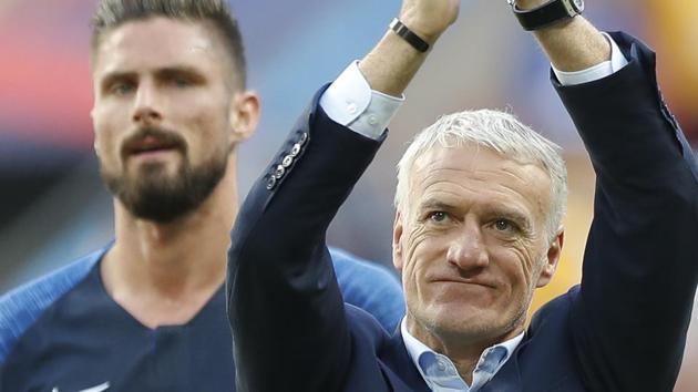 France head coach Didier Deschamps applauds his sides fans in the stadium after the end of the group C match between France and Australia at the 2018 soccer World Cup. (AP) France head coach Didier Deschamps applauds his sides fans in the stadium after the end of the group C match between France and Australia at the 2018 soccer World Cup. (AP)