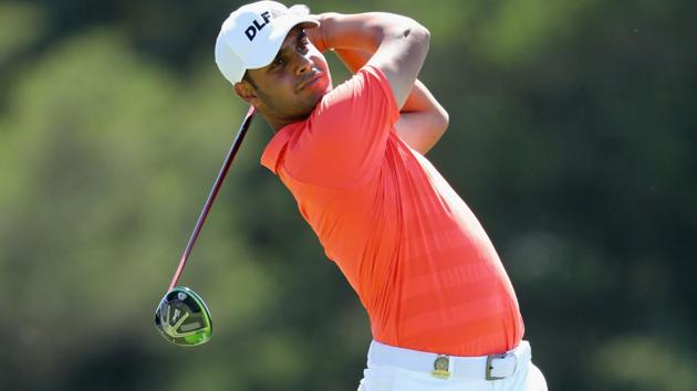 Shubhankar Sharma plays his shot from the sixth tee during the first round of the 2018 US Open on Saturday.(AFP)