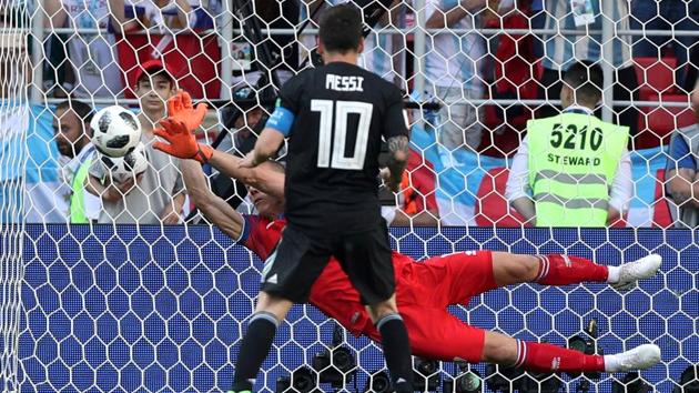 Hannes Por Halldorsson saves a penalty taken by Argentina's Lionel Messi during their FIFA World Cup 2018 encounter.(REUTERS)