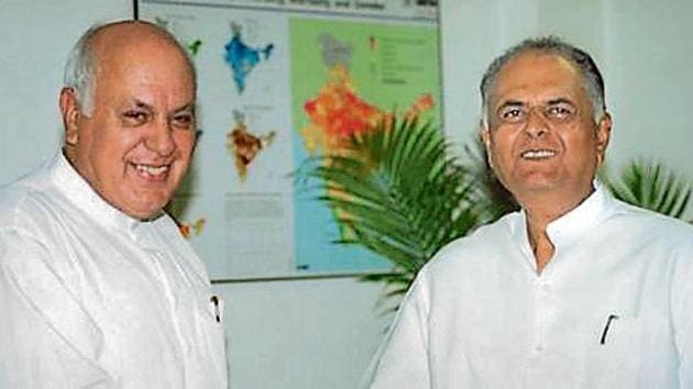 Then J&K chief minister Farooq Abdullah (left) with the then Centre’s interlocutor for the state KC Pant.(HT File Photo) Then J&K chief minister Farooq Abdullah (left) with the then Centre’s interlocutor for the state KC Pant.(HT File Photo)