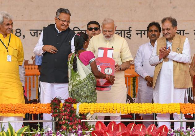 Prime Minister Narendra Modi and Chhattisgarh chief minister Raman Singh at an event in Bhilai to distribute laptops, certificates, cheques etc. to beneficiaries under various schemes. (PTI) Prime Minister Narendra Modi and Chhattisgarh chief minister Raman Singh at an event in Bhilai to distribute laptops, certificates, cheques etc. to beneficiaries under various schemes. (PTI)