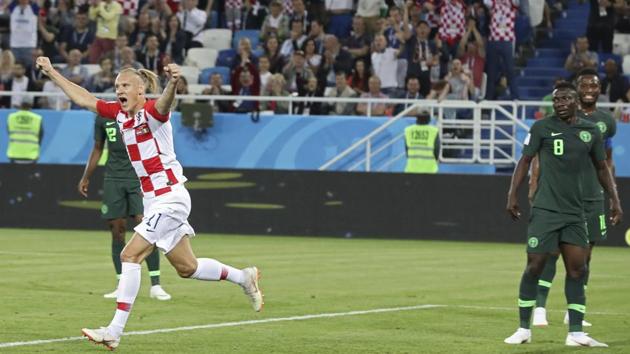 Croatia's Domagoj Vida celebrates after Nigeria's Oghenekaro Eteb scored an own goal during the group D match between Croatia and Nigeria in Kaliningrad. (AP)