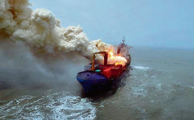 Smoke billowing out of the ship that caught fire off Bengal coast.(Courtesy: Indian Air Force and Coast Guard)