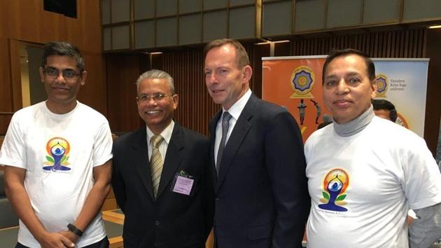 Former Prime Minister of Australia Tony Abbott at a yoga session organised by Melbourne-based Vasudeva Kriya Yoga group at Parliament’s community hall in Canberra.(Twitter/India in Australia) Former Prime Minister of Australia Tony Abbott at a yoga session organised by Melbourne-based Vasudeva Kriya Yoga group at Parliament’s community hall in Canberra.(Twitter/India in Australia)