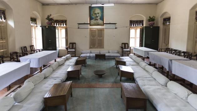 A view of the interior of the Satyagrah Ashram. A lack of space for some of the activities that Gandhi had planned such as a tannery, agriculture and animal husbandry, the drying up of funds due to initial resistance outside the Ashram and the breakout of plague in Ahmedabad lead to the closure of this Ashram. (Aalok Soni / HT Photo) 