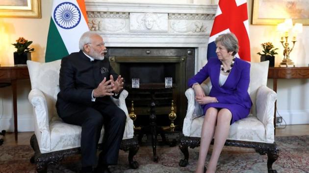 Prime Minister Narendra Modi and his British counterpart, Theresa May, at 10 Downing Street in London, April 18, 2018(REUTERS)