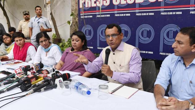 IAS officers hold a press conference at Press Club of India in New Delhi, on June 17, 2018. (Arvind Yadav/HT Photo) IAS officers hold a press conference at Press Club of India in New Delhi, on June 17, 2018. (Arvind Yadav/HT Photo)