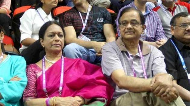 Former finance minister P Chidambaram with his wife Nalini Chidambaram in New Delhi.(PTI File Photo)
