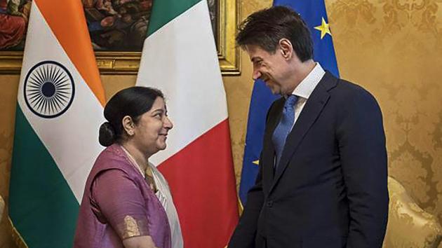 Italian Prime Minister Giuseppe Conte with external affairs minister Sushma Swaraj at the Palazzo Chigi, in Rome. (PTI Photo) Italian Prime Minister Giuseppe Conte with external affairs minister Sushma Swaraj at the Palazzo Chigi, in Rome. (PTI Photo)