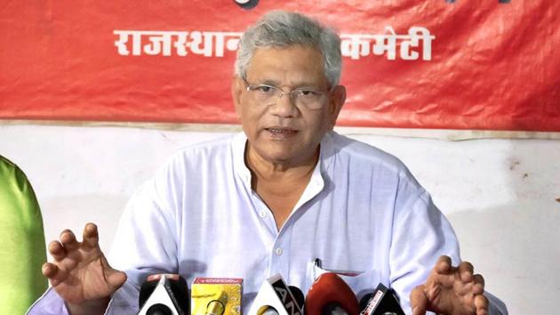 CPI-M general secretary Sitaram Yechury interacts with media persons in Jaipur on Monday. (HT Photo) CPI-M general secretary Sitaram Yechury interacts with media persons in Jaipur on Monday. (HT Photo)