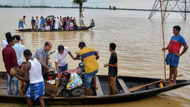 Floods in Assam claimed five more lives in Assam on Sunday, taking the total number of deaths to nine. Though the situation improved in Manipur, Tripura, and Mizoram on Sunday, it has worsened in Assam with over 4.48 lakh people have been affected in the deluge across six districts. (PTI) Floods in Assam claimed five more lives in Assam on Sunday, taking the total number of deaths to nine. Though the situation improved in Manipur, Tripura, and Mizoram on Sunday, it has worsened in Assam with over 4.48 lakh people have been affected in the deluge across six districts. (PTI)