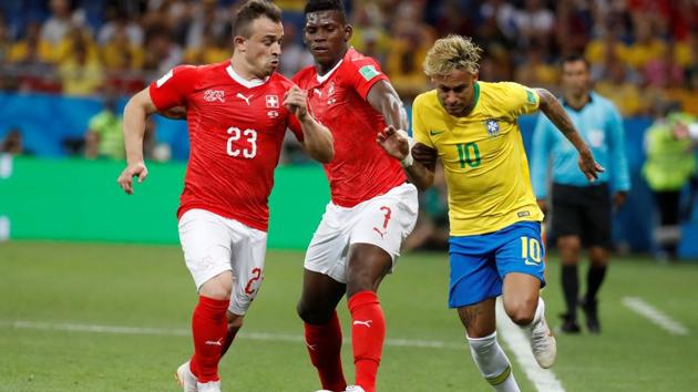 Brazil's Neymar in action with Switzerland's Xherdan Shaqiri and Breel Embolo. (REUTERS)