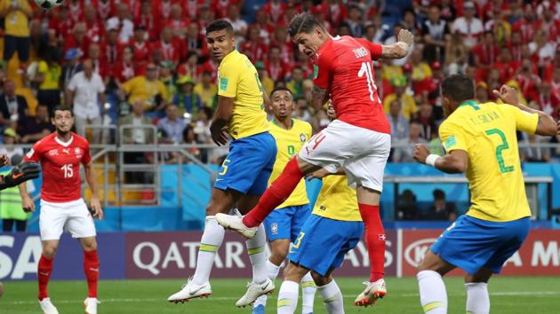 Switzerland's Steven Zuber scores their first goal in the 50th minute. (REUTERS)