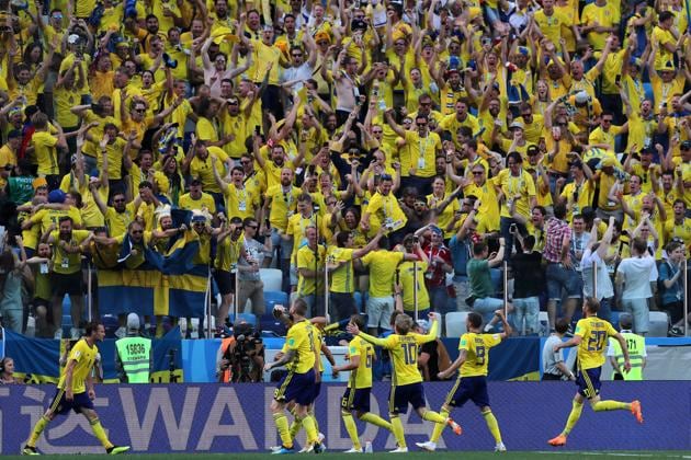 Sweden fans rejoice after their team scored against South Korea. (REUTERS)