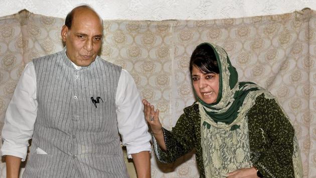 Union home minister Rajnath Singh and former Jammu and Kashmir chief minister Mehbooba Mufti interact with media during a press conference in Srinagar. (PTI File Photo) Union home minister Rajnath Singh and former Jammu and Kashmir chief minister Mehbooba Mufti interact with media during a press conference in Srinagar. (PTI File Photo)