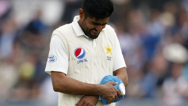 Pakistan's Babar Azam walks off after an injury during day two of the First NatWest Test Series match at Lord's, London. (AP) Pakistan's Babar Azam walks off after an injury during day two of the First NatWest Test Series match at Lord's, London. (AP)