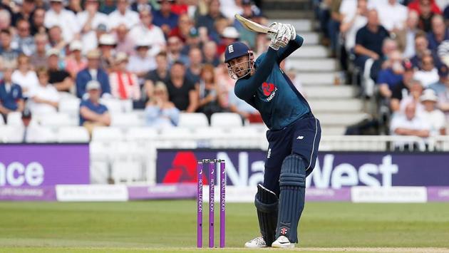 England's Alex Hales scores a six against Australia in the third ODI in Nottingham on Tuesday.(Action Images via Reuters)