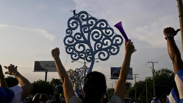 Once the protests erupted, crowds chanted “Fall, fall, fall,” pulled the trees down and bounced on their twisted limbs for live videos. Recyclers quickly stripped their wiring, while others unscrewed light bulbs to be proudly dangled on cords around their necks. (Esteban Felix / AP)