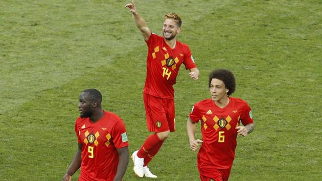 Belgium's Dries Mertens, second right, celebrates after scoring against Panama in the 47th minute. (AP)