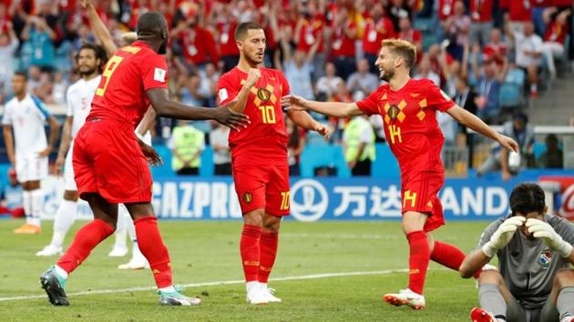 Belgium's Romelu Lukaku celebrates scoring their second goal against Panama with Eden Hazard and Dries Mertens.(REUTERS)