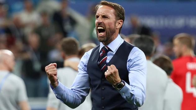 England manager Gareth Southgate celebrates after his team’s win over Tunisia in the FIFA World Cup 2018 on Monday.(REUTERS)