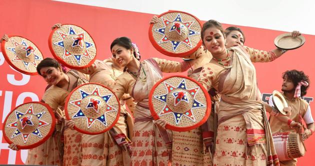 Artists perform the traditional Assamese Bihu dance during the flagging off ceremony of the international half-marathon "Bhag Northeast Bhag" in Guwahati earlier this year(PTI)